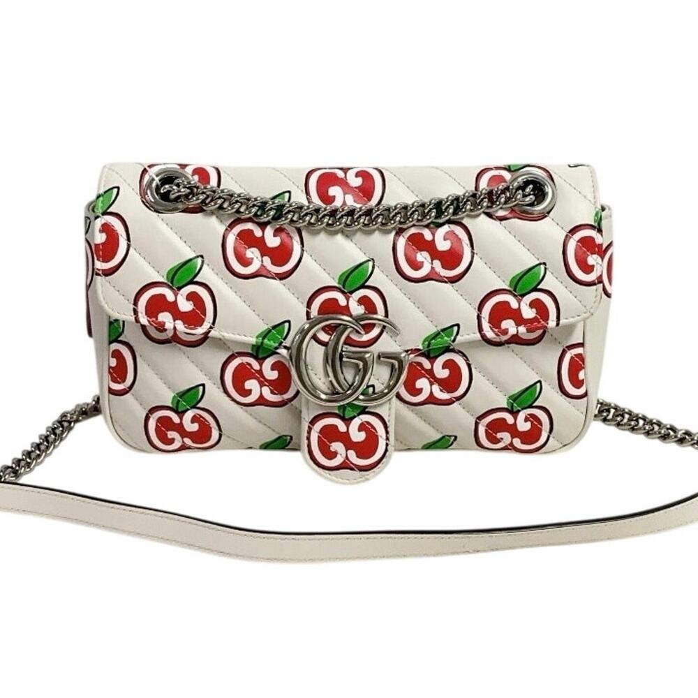Gucci GG Marmont Matelasse Shoulder Bag White Leather Apple Print Qixi 2020 Rare
